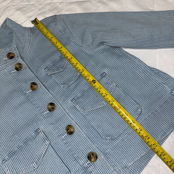 LOFT NWT Striped Denim Jean Jacket Medium Blue White Utility Button Front - Picture 11 of 14